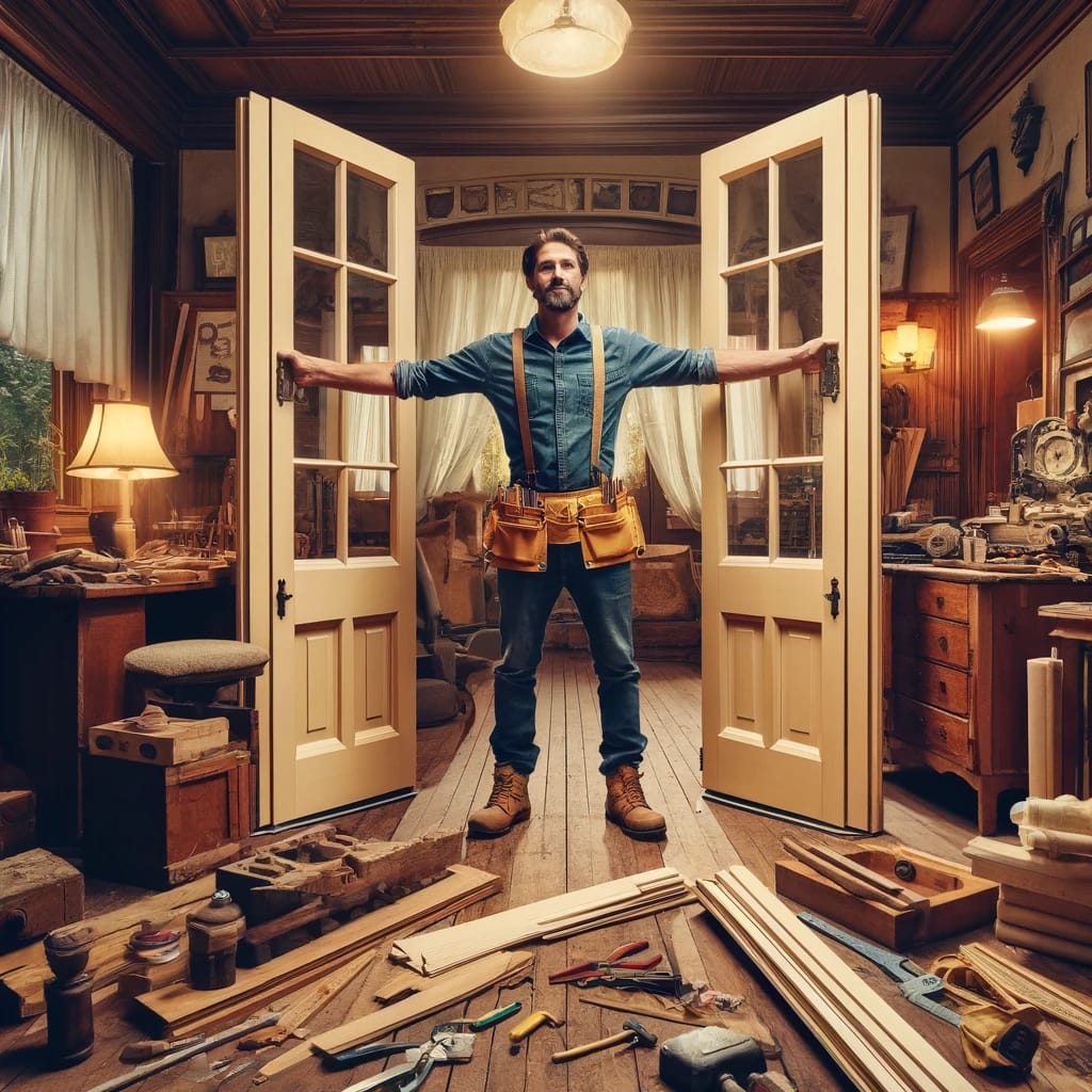 Illustrating a master carpenter holding a pair of French doors