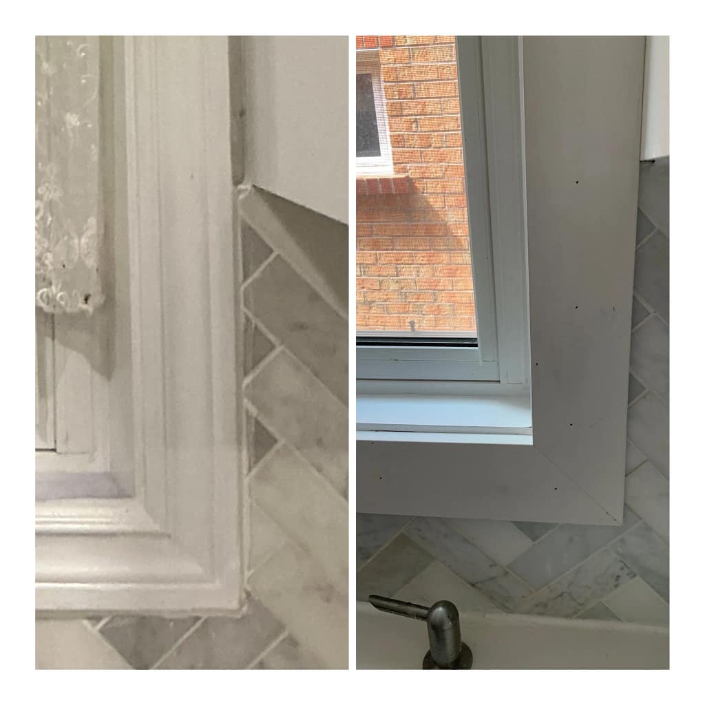 Close-up comparison of old and new kitchen window casing beside an existing tile backsplash
