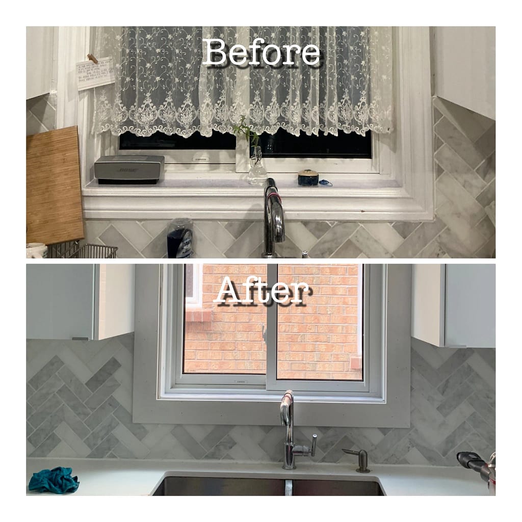 Before-and-after comparison of kitchen window casing replacement in Mississauga