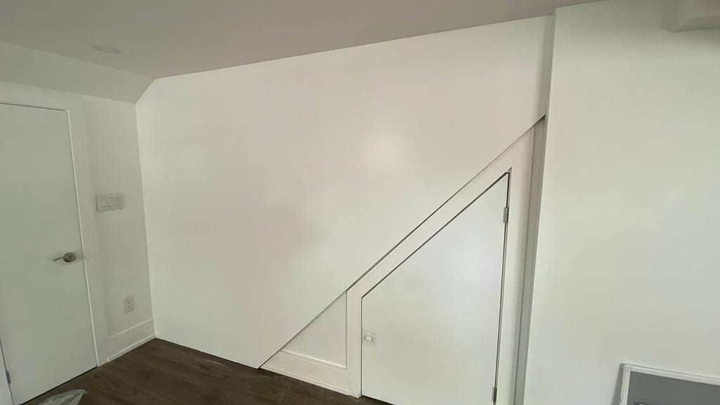 Angled under-stair basement storage door fitted below a sloped stair wall.