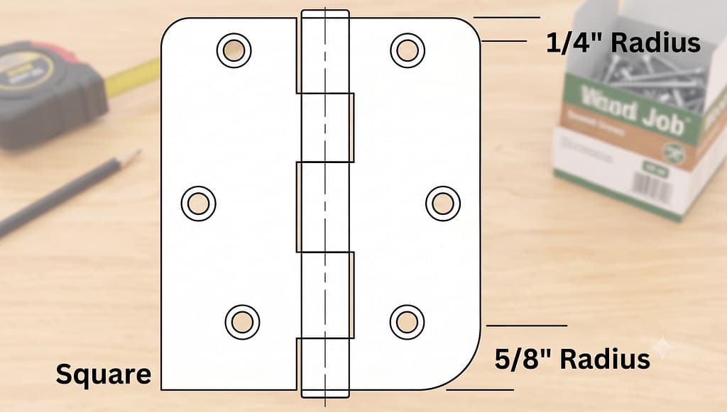 Interior door hinge showing square, 1/4-inch radius and 5/8-inch radius corner options