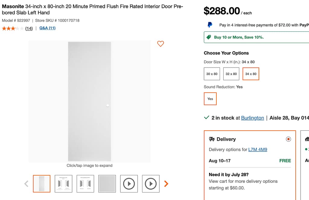 Flush fire-rated door reference sent by a Burlington homeowner before installation