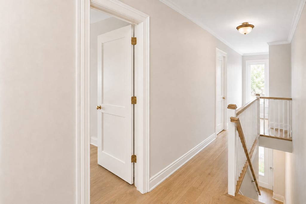 White interior doors with matching jambs, casing and baseboards in a second-floor hallway with light oak flooring