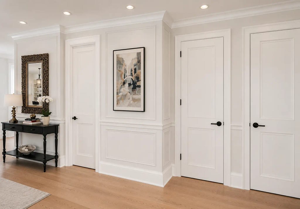 Modern interior hallway with solid-core two-panel doors, black hardware, white trim and oak flooring installed by Wood Job Finish Carpentry in an Oakville home.