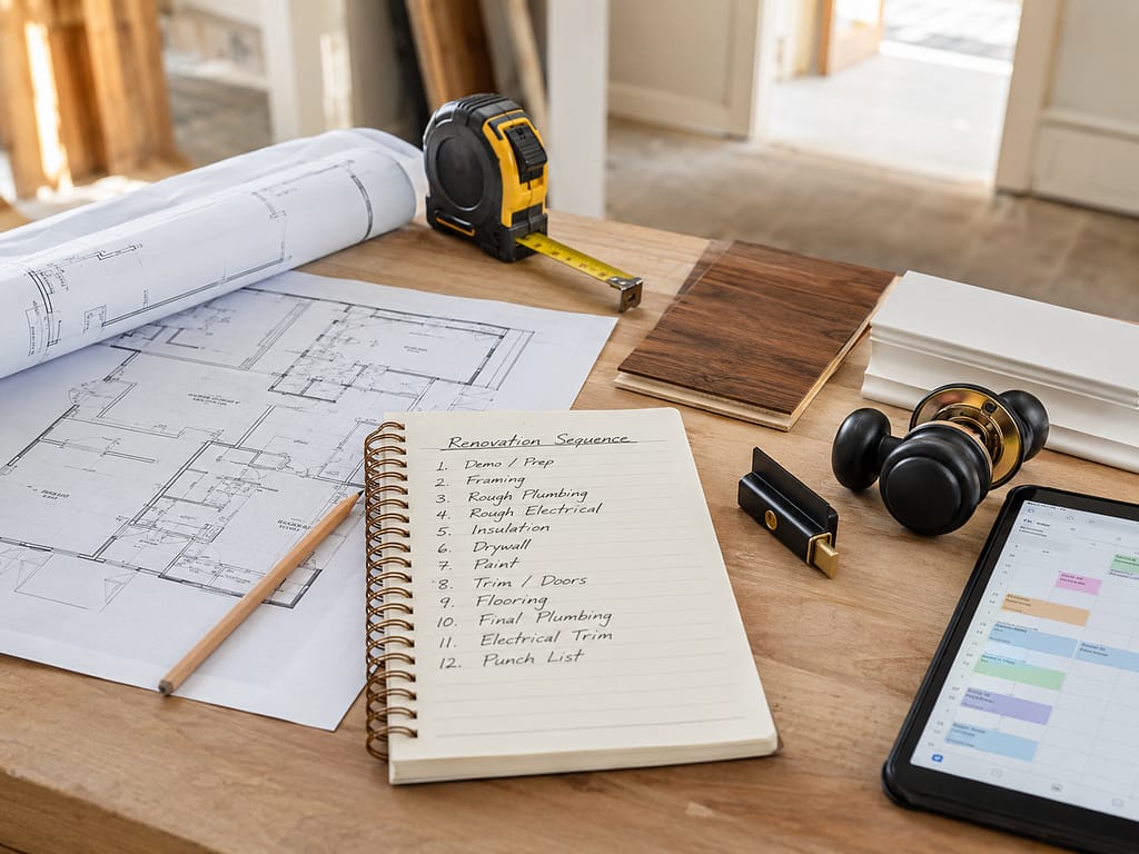 Home renovation plans, flooring and trim samples arranged beside a written trade schedule