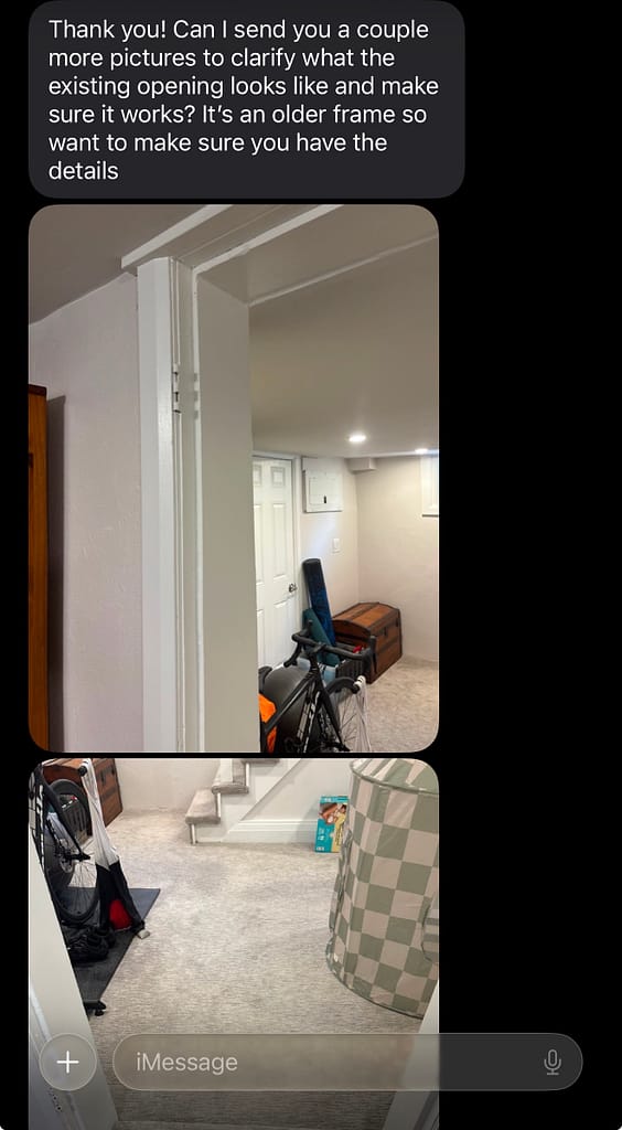Homeowner message with photos of an older basement door opening in Kitchener