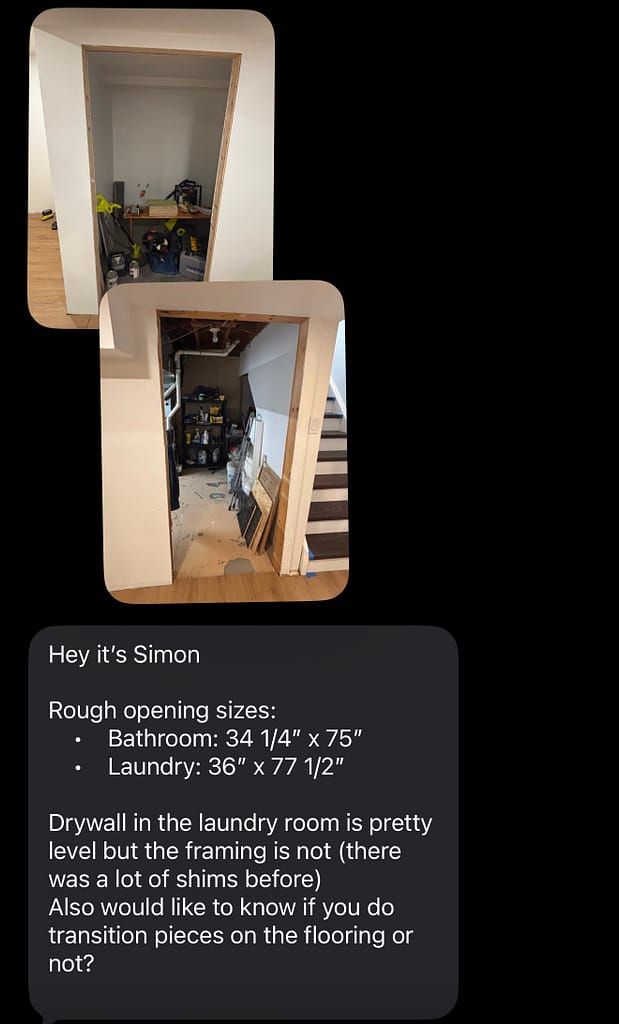 Screenshot of initial basement door photos and rough opening measurements sent by a Burlington homeowner