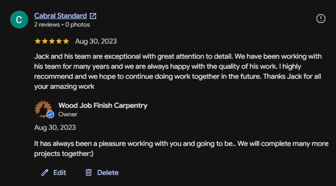 Five-star Google review for finish carpenter Jack at Wood Job Finish Carpentry in Mississauga.