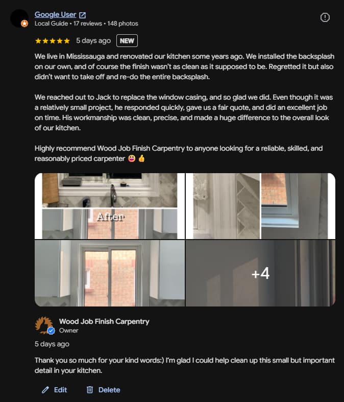 Five-star Google review for a kitchen window casing replacement in Mississauga