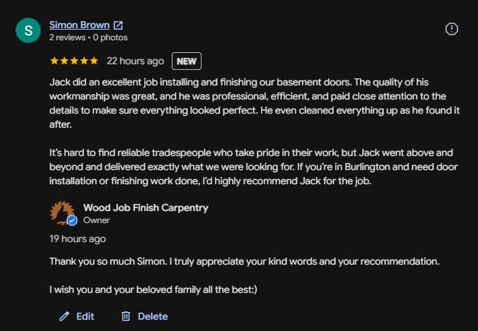 Five-star Google review from Simon Brown for basement door installation in Burlington