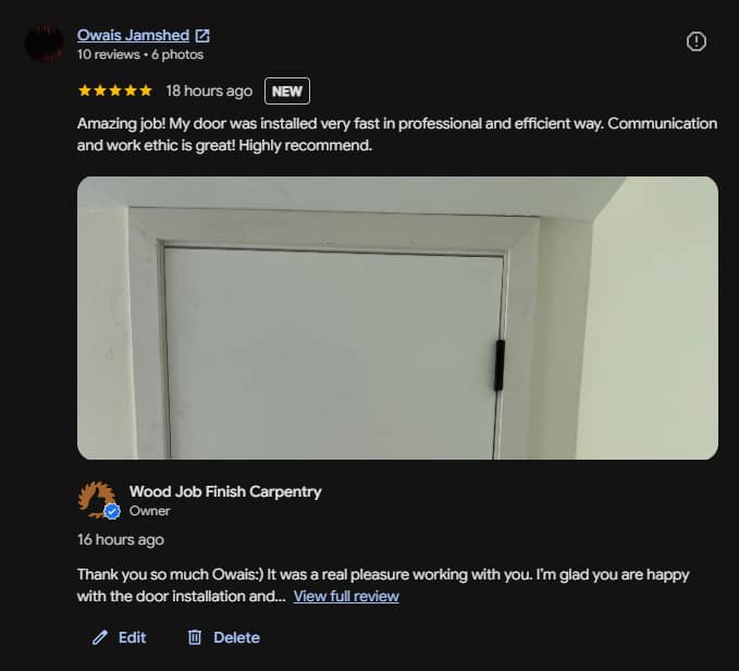 Owais’s five-star Google review for Wood Job’s Burlington door installation