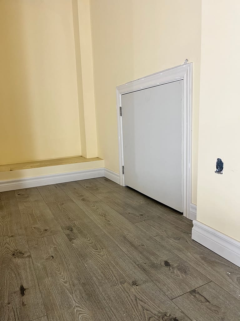 Low basement storage door with casing and baseboards fitted around a small wall opening.