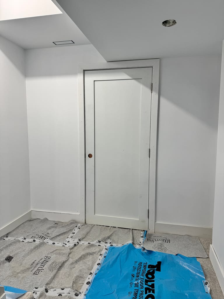 One-panel basement door installed under a low ceiling with casing and baseboards.
