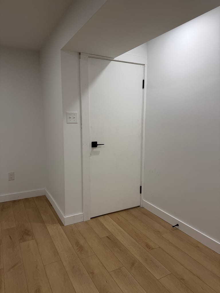 Custom-fitted flush basement door installed beneath a low bulkhead in Hamilton