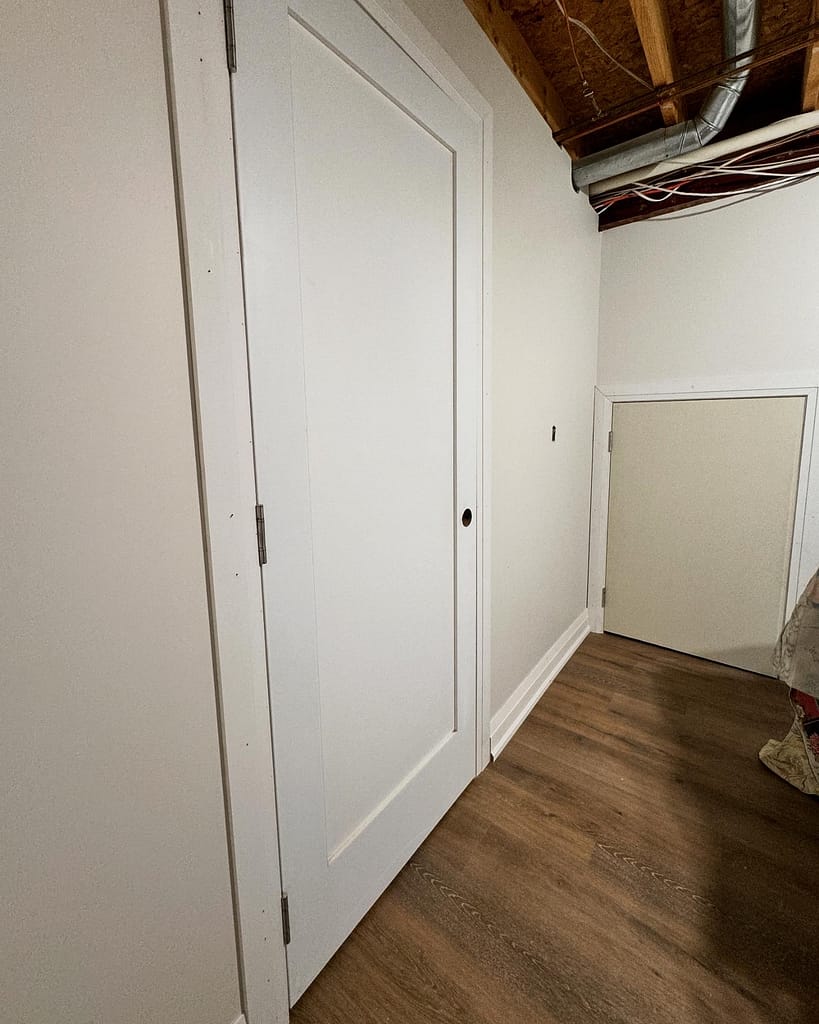 One-panel basement door and small storage door installed in a low basement area with casing and baseboards.