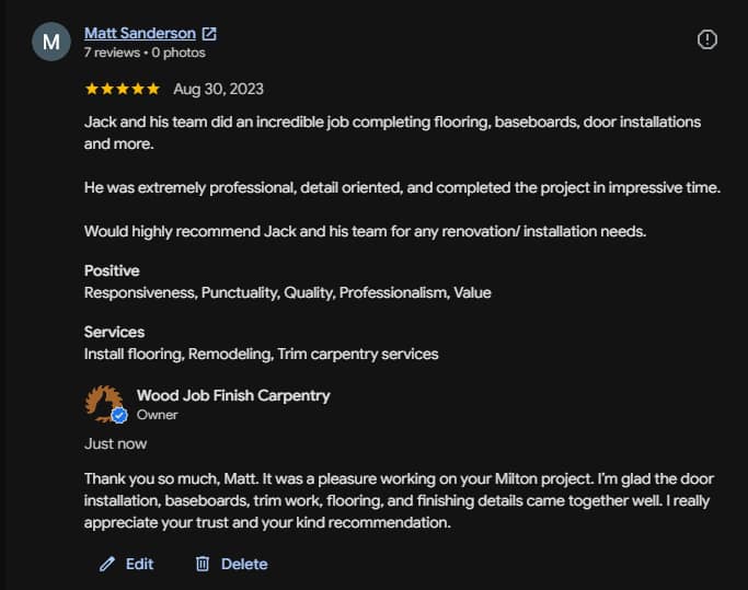 Google review for Wood Job Finish Carpentry after door, trim, baseboard and flooring work in Milton.