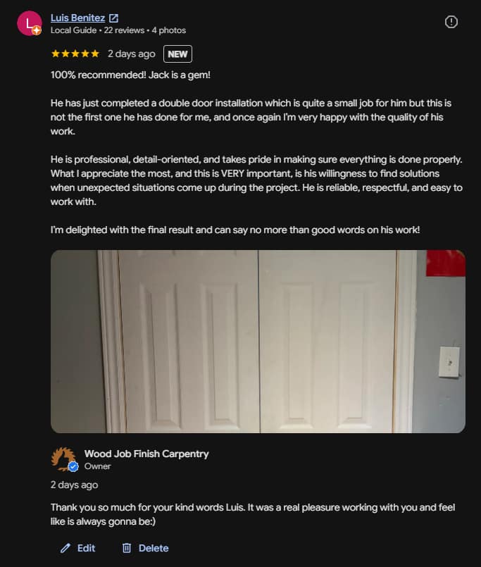 Screenshot of Luis's 5-star Google review praising Jack Ozer for his professional double door installation in Mississauga.