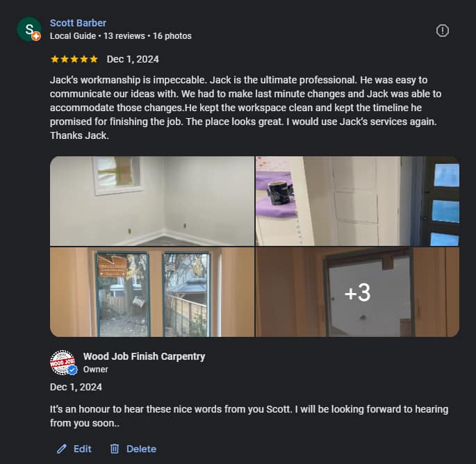 5 star Google review for a finish carpenter at Wood Job Finish Carpentry in Toronto