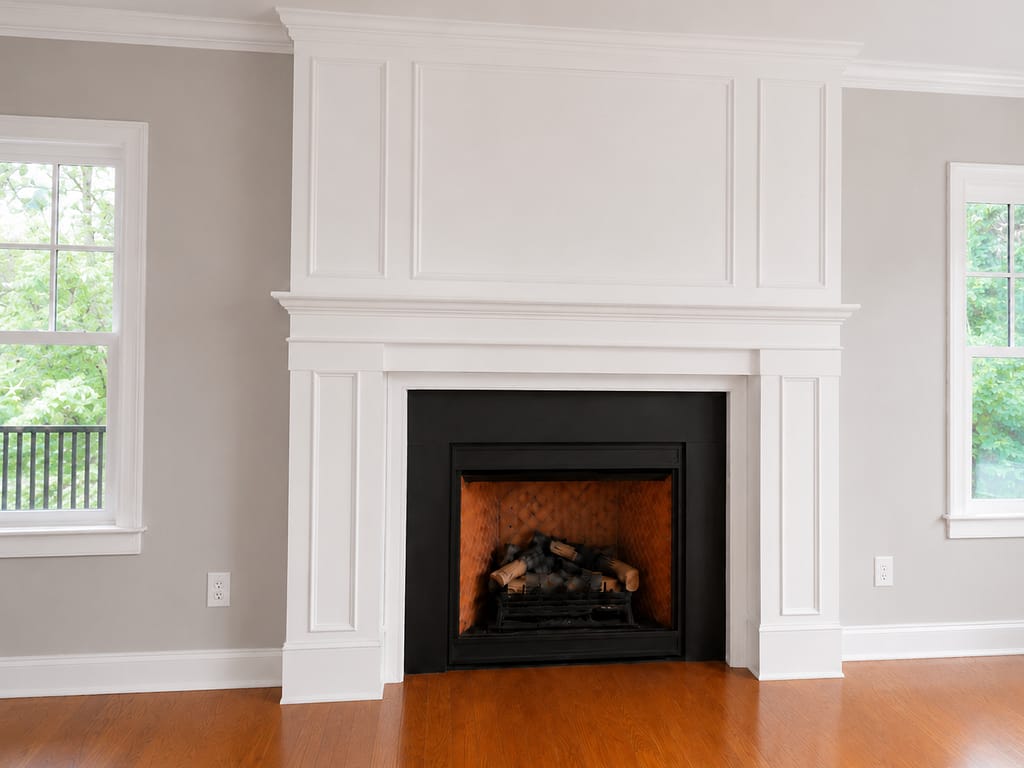Finished classic white fireplace mantel with trim and crown details