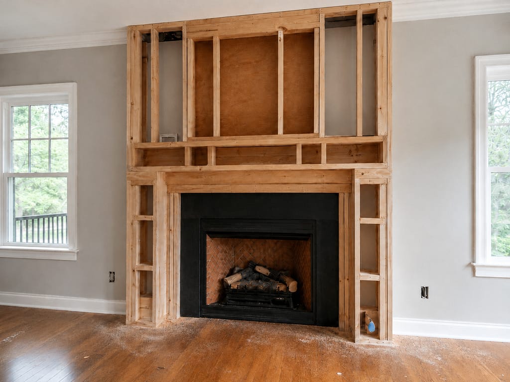 Framing stage for a classic fireplace mantel surround