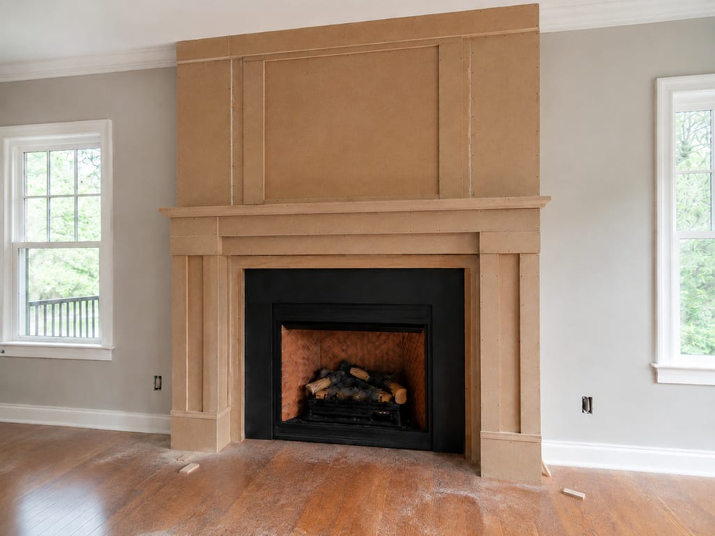 MDF build-up stage for a custom fireplace mantel surround