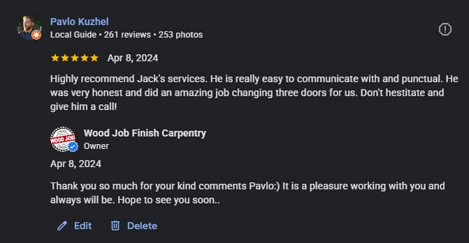 Google review for a three-door installation by Jack Cenk Ozer