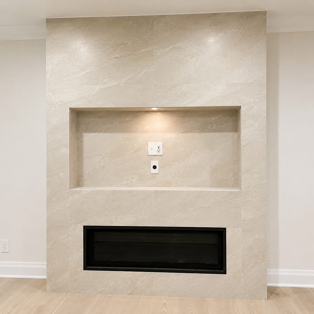 Finished white tile fireplace feature wall in a Milton home