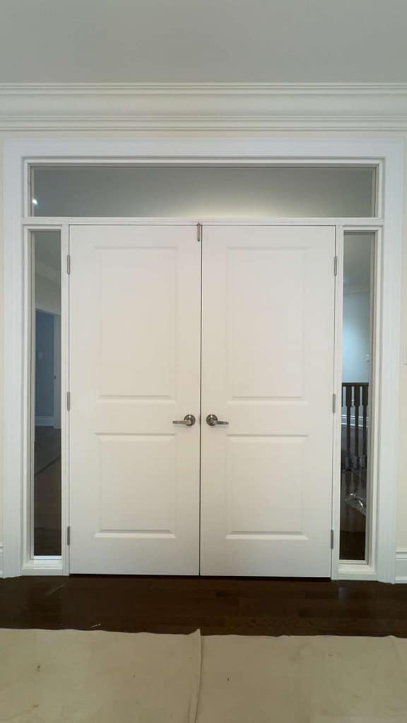 Custom home office separation with double doors, clear sidelights and transom in Vaughan