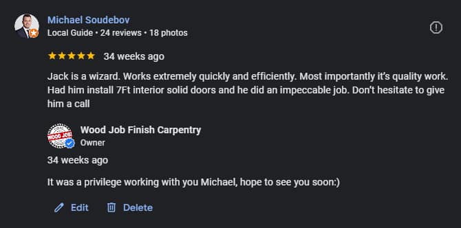 Five-star Google review from Michael after a Toronto interior door installation project