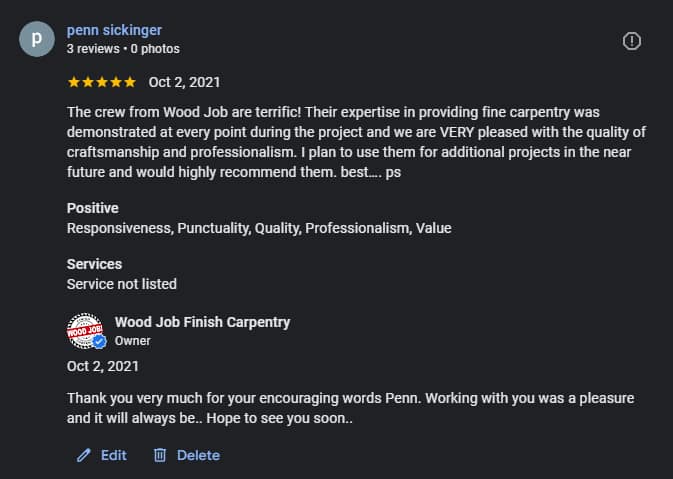 A five-star Google Review for the finish carpenter in Oakville