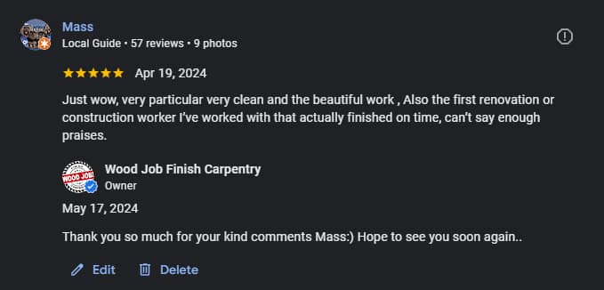 Five-star Google review from Mass after a Vaughan basement renovation project