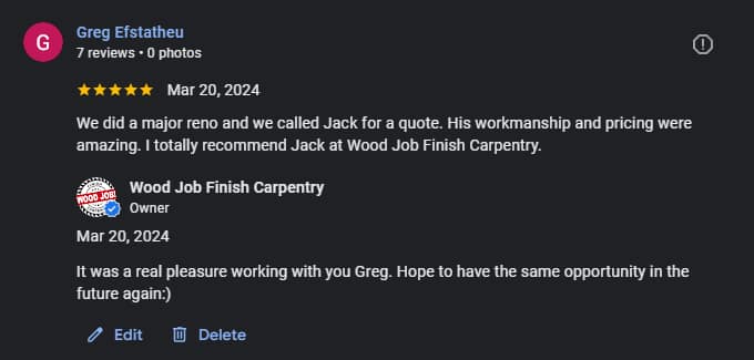 Five-star Google review from Greg after a Vaughan major renovation finish carpentry project