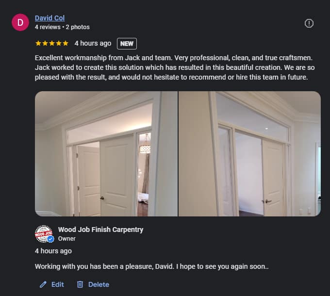 Five-star Google review for Wood Job Finish Carpentry after a Vaughan home office door project