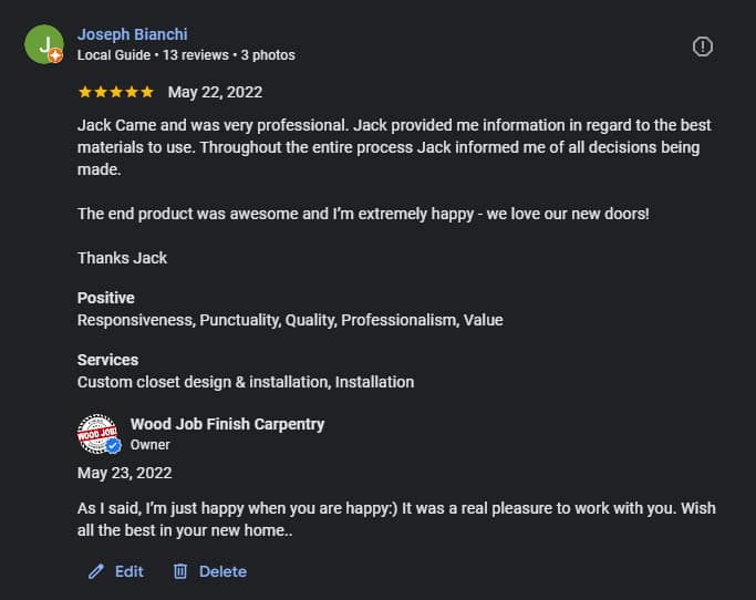 Five-star Google review from Joseph after an interior door replacement project in Vaughan
