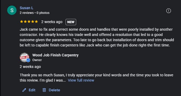 Google review for correcting poorly installed doors and handles