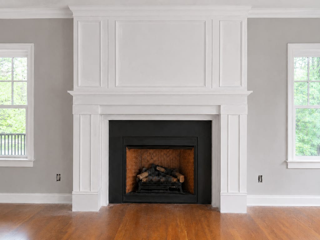 Trim and primer stage for a classic white fireplace mantel