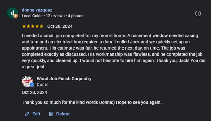 Google review for a small carpentry job completed by Wood Job Finish Carpentry