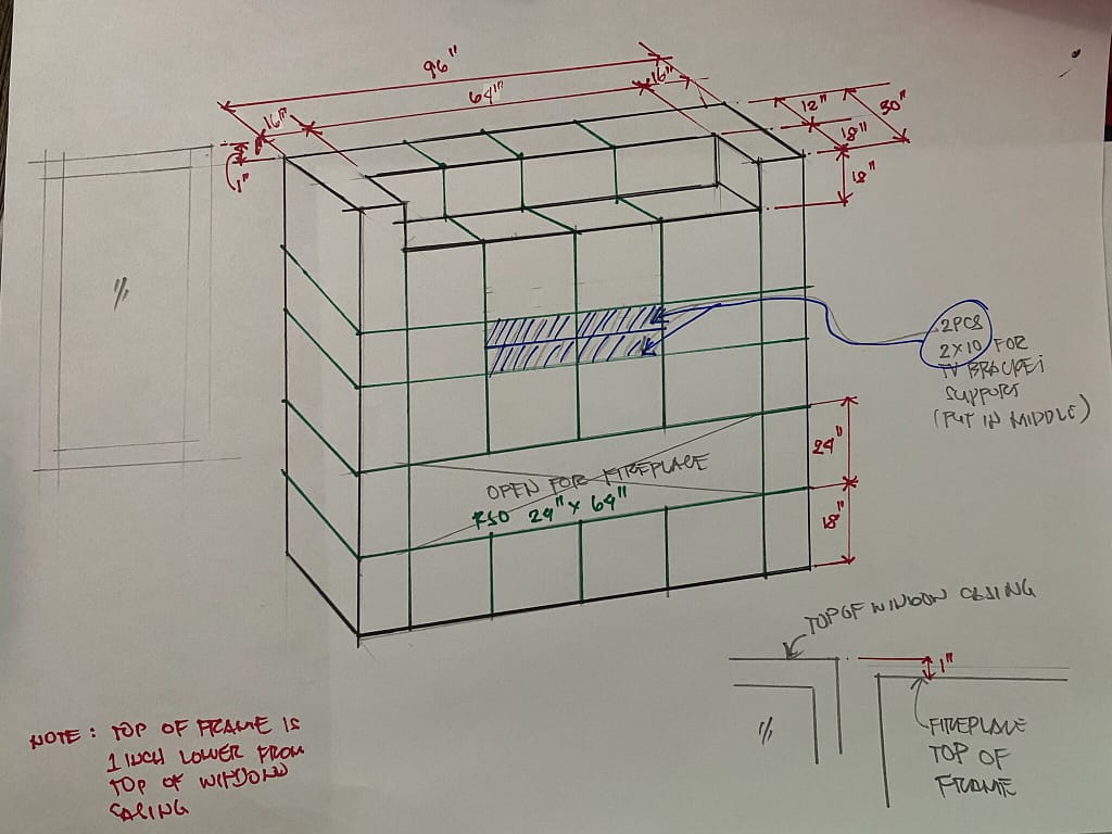 Client sketch for a custom fireplace feature wall project in Oakville