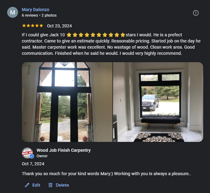 5 star Google review for a finish carpenter in Oakville