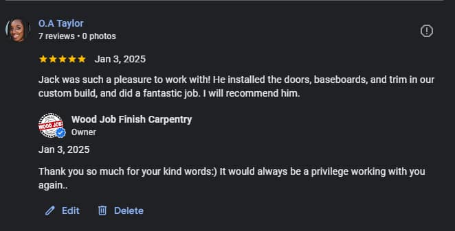 a satisfied costumer five star Google review for a carpentry services provided by Wood Job Finish Carpentry in Cambridge