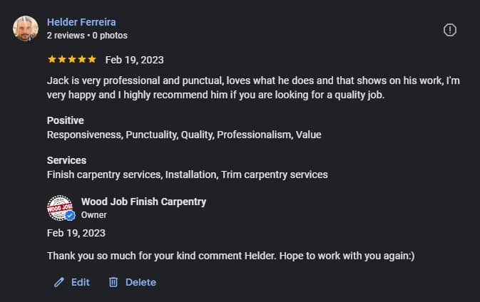a satisfied costumer's five stars review on Google for a finish carpenter at Wood Job Finish Carpentry