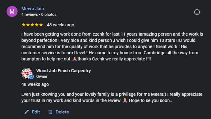 5-star Google Review for a finish carpenter at Wood Job Finish Carpentry in Brampton