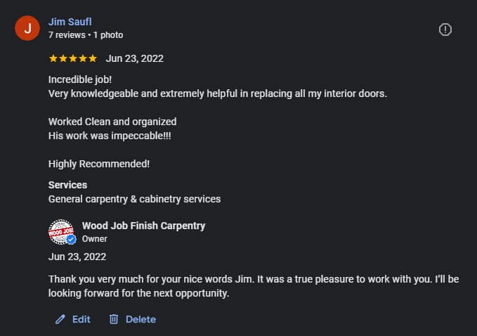 a five star Google review by a satisfied costumer for Wood Job Finish Carpentry in Oakville