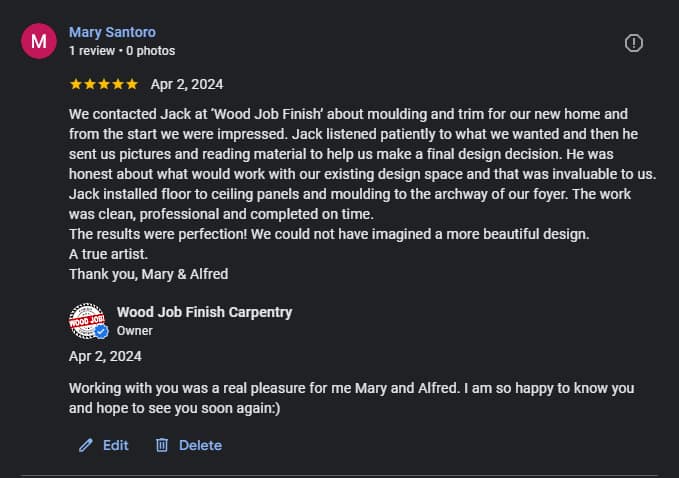a five star Google review for a finish carpenter at Wood Job Finish Carpentry in Burlington