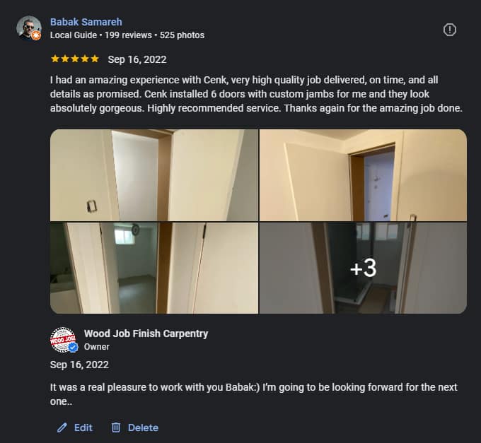 five star Google review by a satisfied costumer for finish carpenter service provided by Wood Job Finish Carpentry