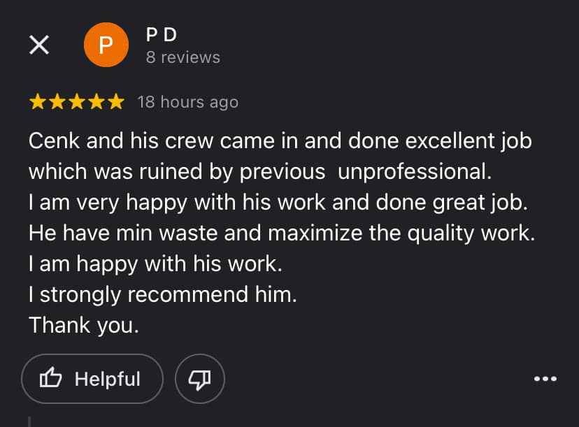 5 star Google Review for a finish carpenter at Wood Job Finish Carpentry in Kitchener